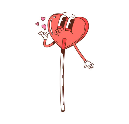 Cartoon groovy Valentine heart shaped lollipop candy character sending air kiss with hearts. Isolated vector sweet personage captures the joy and warmth of Valentines Day expressing love and affectionのイラスト素材