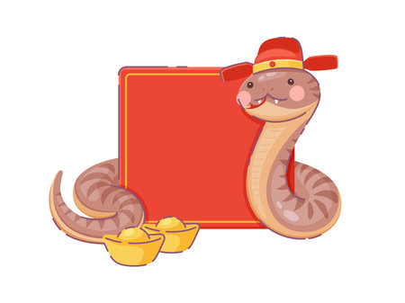 Cheerful cartoon snake wearing a traditional festive Chinese hat with blank red banner or scroll and golden sychee, symbolizing wealth and prosperity for lunar new year or cultural 2025 celebrationsのイラスト素材