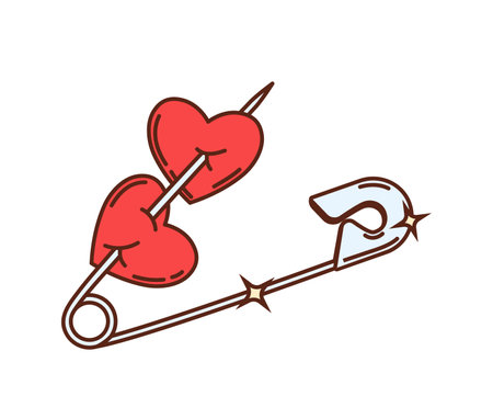 Cartoon groovy safety pin adorned with two red hearts, capturing the essence of Valentine day celebration, love and romantic relations. Isolated vector symbol of affection, bonding and loving coupleのイラスト素材
