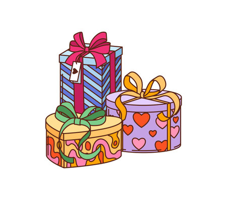 Cartoon groovy Valentine gift boxes with ribbons and heart decorations. Isolated vector colorful gift boxes for Valentines Day celebrations or romantic occasions, feature playful and vibrant wrappingのイラスト素材