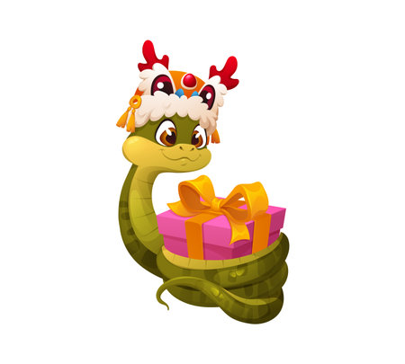 Valentine day cartoon snake character wearing festive Chinese lion dance hat, holding wrapped pink gift box with golden bow. Vector Asian reptile, serpent animal ready for Cny 2025 festive occasionのイラスト素材