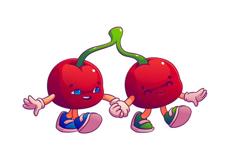 Cartoon groovy valentine day cherry couple characters. Cute vector happy berries walking and holding hands, sharing love and togetherness. Comic retro nostalgic personages greeting and celebrateのイラスト素材