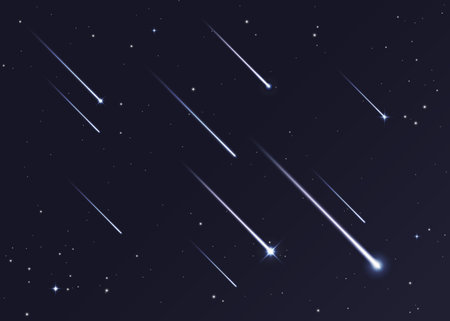 Night sky with shooting stars vector background. Space comets and meteors falling with light trails and sparkles. Realistic 3d shooting stars or meteor shower on dark night sky, starry galaxy backdropのイラスト素材