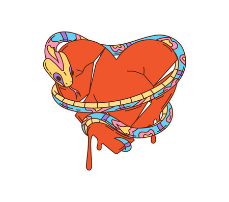 Retro hippie broken heart with snake groovy symbol. Love breakup groovy symbol with reptile snake wraps around broken, bleeding heart with cracks. Saint Valentine day holiday retro cartoon stickerのイラスト素材