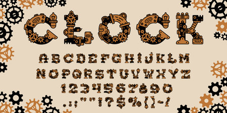 Steampunk gear font, mechanic type, machine typography typeface, fantasy English alphabet with intricate details evokes fantasy and industrial vibes. Vector creative abc letters, symbols and numbersのイラスト素材