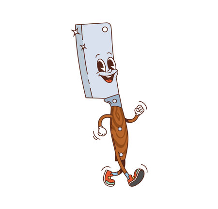 Retro groovy kitchenware and utensil ax character. Butcher cleaver ax or cooking equipment retro cartoon vector personage. Kitchen tool happy mascot or isolated cookware ax funny groovy characterのイラスト素材