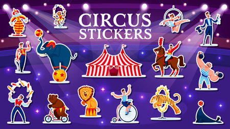 Shapito circus performer characters and animals stickers pack, cartoon vector. Circus cartoon stickers of funfair carnival marquee tent with elephant on ball, clown, bear on bicycle and illusionistのイラスト素材