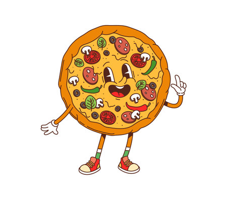 Cartoon groovy fast food pizza character. Takeaway restaurant or pizzeria menu meal cheerful cartoon mascot. Italian cuisine cafe or restaurant salami pizza vintage groovy vector funny characterのイラスト素材