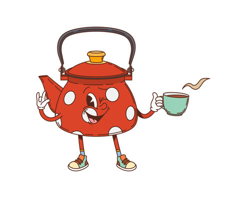 Groovy kettle teapot retro cartoon character with tea cup, vector funny kitchenware utensil. Groovy teakettle with happy face and winking smile for drink kitchenware or kitchen utensil cute characterのイラスト素材