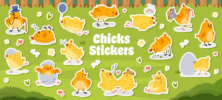 Funny chick characters stickers pack, cute Easter bird baby personages in a green field. Cartoon vector set of adorable yellow peepers are hatching, playing, holding balloon, carrying worm and bouquetのイラスト素材