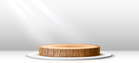 Wooden podium stage with tree bark pedestal for product display, vector background. Exhibition podium stage or display pedestal and showcase platform of wood log or stump cut stand for showroomのイラスト素材
