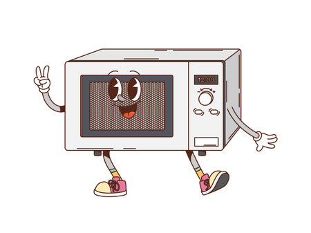 Retro groovy microwave oven cartoon character for kitchenware utensil, vector funny appliance character. Groovy microwave oven with happy smile and hippie peace gesture for kitchen appliance characterのイラスト素材