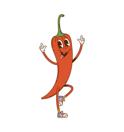 Cartoon chili pepper vegetable groovy character. Farm whole veggie 60s 70s cute personage, mexican food hot seasoning groovy isolated vector mascot. Chilli pepper vegetable cartoon cheerful characterのイラスト素材