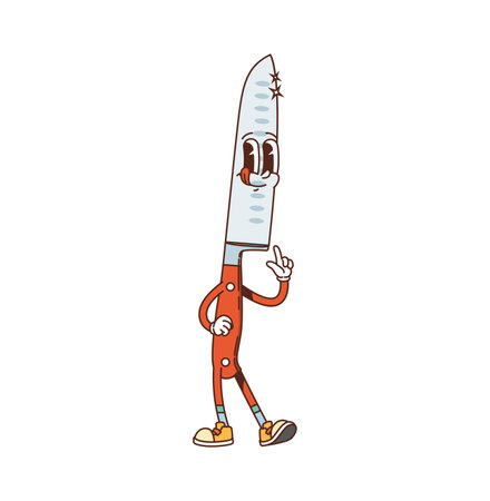 Retro groovy kitchenware and utensil knife character. Cooking kitchenware vintage groovy vector happy mascot. Kitchen tool cheerful character or restaurant chef knife cute isolated cartoon personageのイラスト素材
