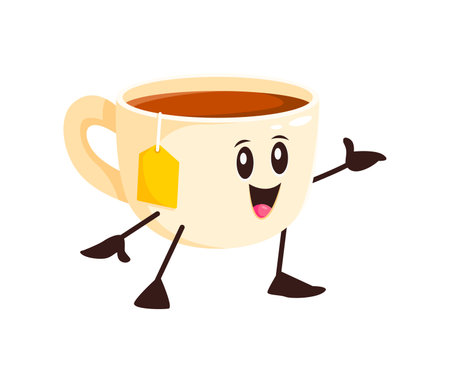 Cartoon hot tea drink cup cheerful character. Natural herbal drink funny cartoon character, breakfast black tea porcelain cup with teabag isolated groovy vector personage. Cafe hot beverage mascotのイラスト素材