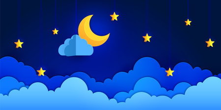 Paper cut crescent moon and stars on night sky with clouds, cartoon vector background. Dream or sleep and bedtime fairy tale background with paper cut clouds and stars hanging on strings in night skyのイラスト素材