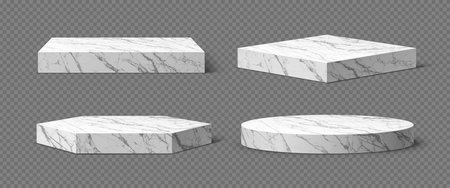 3d marble podium stages, product display platforms, pedestals or stands. Vector realistic gray marble podium mockups with square, circle and hexagon geometric shape bases at transparent backgroundのイラスト素材