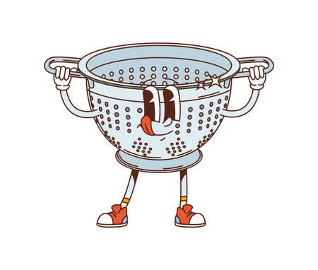 Groovy colander or kitchenware utensil retro cartoon character, vector funky comic. Funny groovy...