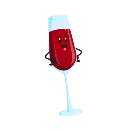 Cartoon groovy red wine glass cute character. Burgundy red wine 60s 70s funky vector mascot. Restaurant bordeaux beverage cute character or merlot alcohol drink glass goblet cheerful groovy personageのイラスト素材