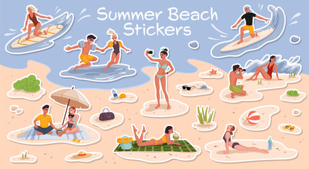 Travel stickers pack of people characters on summer beach vacation. Cartoon men, women, kids and families surfing, relaxing, taking photos, and enjoying summer activities, relaxation and coastal joyのイラスト素材