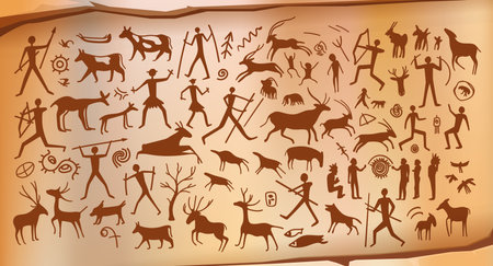 Prehistoric cave painting on stone wall vector background, ancient age rock arts. Caveman primitive drawings of hunter tribe men. Animals, birds and fish, arrows, bows and spears brown cave paintingのイラスト素材