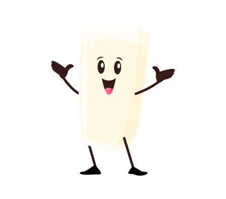 Groovy retro milk drink glass cheerful character. Healthy nutrition milkshake beverage vintage funky vector character. Fresh whole milk drink isolated mascot or yogurt glass happy groovy personageのイラスト素材