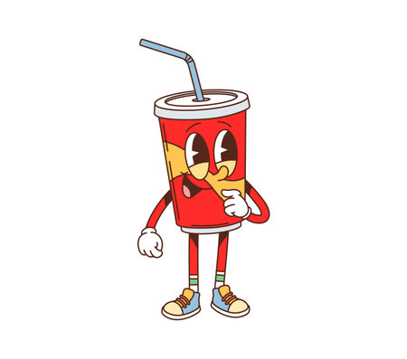 Cartoon groovy fast food soda drink character. Fastfood cafe sweet drink cute mascot, soda takeaway beverage disposable paper cup with plastic lid and straw groovy isolated vector cheerful personageのイラスト素材