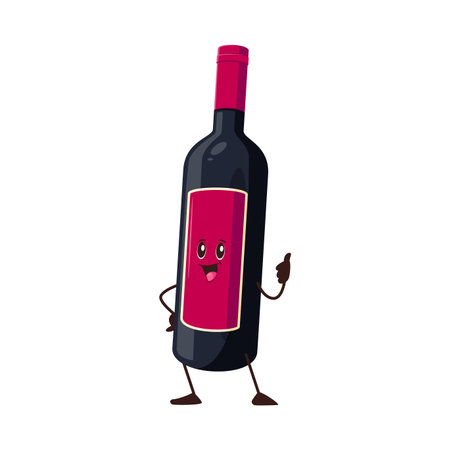 Cartoon groovy red wine bottle happy character. Cabernet red wine funny retro vector mascot. Restaurant alcohol drink, bordeaux bottle cute character or groovy personage showing thumb up gestureのイラスト素材