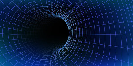 Wireframe tunnel featuring glowing blue grid curves into a dark center evokes themes of futuristic technology and innovation. Vector background with hole and mesh cerates a sense of movement and depthのイラスト素材