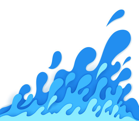 Paper cut water splash. 3d vector blue fluid ripples, liquid splashing spatters on white background in a papercut style, symbolizing fluidity, natural freshness, water resources, drink or beverageのイラスト素材