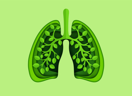 Paper cut lungs with green leaves tree for clean breath and nature protection, vector background. World lung day for health or save earth concept, paper cut green leaves in lungs for planet ecologyのイラスト素材