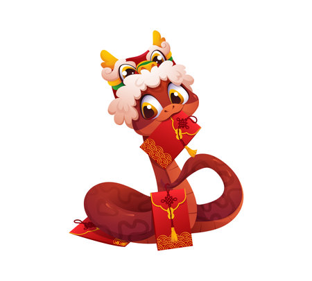 Cartoon asian horoscope snake character with Chinese New Year holiday gift red envelopes. Lunar calendar zodiac animal vector personage of cute snake with dragon hat, holiday money pockets, lucky coinのイラスト素材