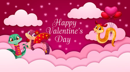 Paper cut Valentine day greeting card with pink sky clouds and cheerful snakes, vector banner. Happy Valentine Day or love holiday funny cartoon snake characters in paper cut clouds and heart balloonsのイラスト素材