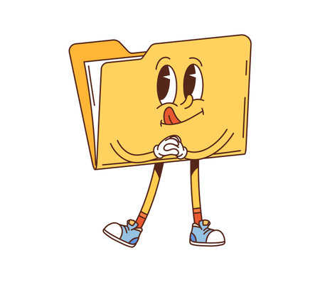 Cartoon groovy computer folder character with yellow body, joyful face, big expressive eyes, and playful pensive pose with sticking tongue. Isolated vector retro personage exudes nostalgia and funのイラスト素材