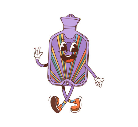 Cartoon groovy warmer or heater bag health and medicine character with expressive eyes, retro sneakers and cheerful smile, striking a playful pose to evoke feelings of warmth, comfort, and healthのイラスト素材