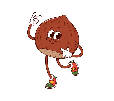 Cartoon groovy hazelnut nut character in retro sneakers joyfully dancing, showcasing funky and upbeat y2k vibe. Isolated vector playful food personage spreading happiness and hippie energyのイラスト素材