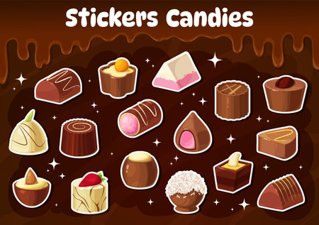 Chocolate candy stickers pack, assortment of delicious sweet desserts on brown background with sparks and cocoa drips. Cartoon vector patches with truffles, praline and festive treats convey festivityのイラスト素材