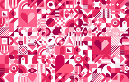 Valentines day background with pink geometric shapes and hearts vector pattern. Love holiday abstract modern graphic mosaic of red white flowers, circles, squares. Valentine day love hearts backgroundのイラスト素材