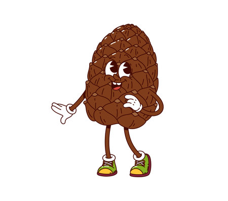 Cartoon groovy pinecone nut and seed character with hippie sneakers and gloves expressing joy. Isolated vector cheerful pine cone retro personage with expressive eyes, nutritious foodのイラスト素材