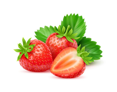 3d realistic raw ripe strawberry fruits with lush green leaves, whole and sliced garden berries showing their fresh and juicy appeal. Vector sweet and fresh summer dessert, natural healthy foodのイラスト素材