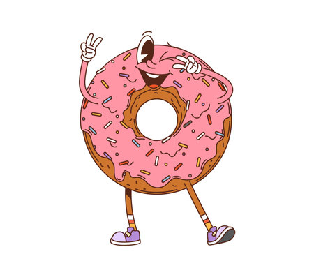 Retro hippie groovy donut dessert character. Frosted donut confectionery vintage cartoon isolated vector cute mascot, glazed donut cheerful personage or sweet pastry dessert funny groovy characterのイラスト素材