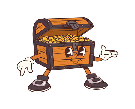 Cartoon pirate gold treasure chest character. Caribbean pirate gold treasure happy mascot, corsairs or filibuster bandits opened wooden chest full of golden coins isolated vector funny personageのイラスト素材