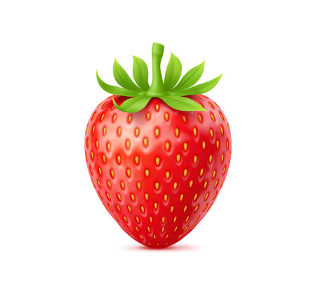 3d realistic raw ripe strawberry fruit showcase vibrant red color and textured seeds, with fresh green leaves. Isolated vector fresh garden berry, healthy summer food with glossy skin and juicy flavorのイラスト素材