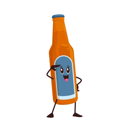 Cartoon beer bottle drink groovy character. Bar alcohol drink or beverage retro funky personage. Pub ale bottle vintage isolated vector cheerful character or brewery beer 60s 70s happy mascotのイラスト素材