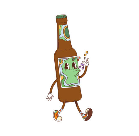 Cartoon retro groovy beer drink character. Brewery alcohol drink or beverage groovy cheerful character. Bar ale bottle cartoon isolated vector happy personage or pub beer vintage funky funny mascotのイラスト素材