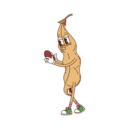 Cartoon groovy soy bean pod vegetable character. Isolated vector cheerful bean pod retro personage with dry husk, wearing vintage sneakers, holding a kidney seed in hands exudes funky hippie y2k vibesのイラスト素材