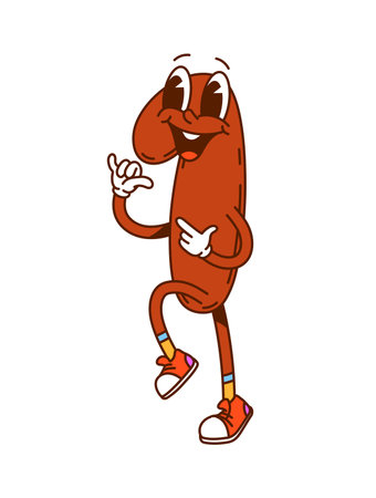 Groovy math number one character. Cartoon vector cute funny digit wearing retro sneakers. Isolated playful 1 numeral math personage exudes positivity, flashing shaka gesture with quirky y2k vibesのイラスト素材