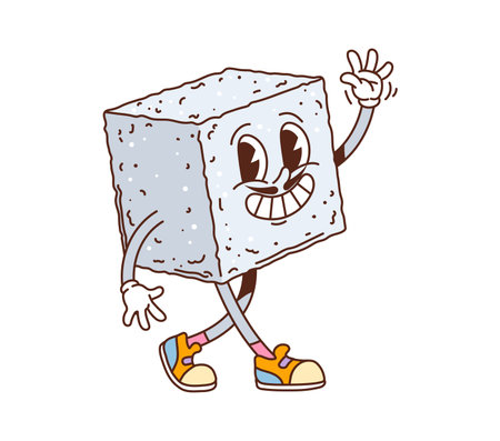 Sugar cube groovy cute character. Sweet sugar cube vintage groovy funny character, white glucose block cartoon funky vector happy personage. Food fructose, pastry or tea sugar piece groovy cute mascotのイラスト素材