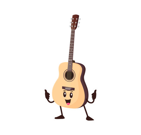 Cartoon funny acoustic guitar musical string instrument character. Isolated vector personage with smiling face showing thumbs up. Educational music classes for kids, festival, musician equipment storeのイラスト素材