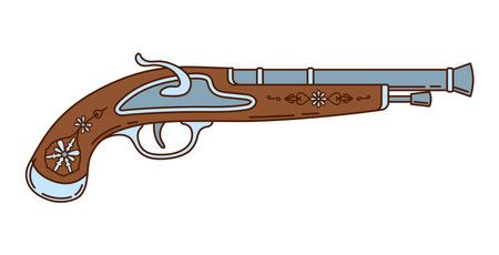 Cartoon groovy corsair and pirate flintlock, vintage pistol gun with engravings on its wooden handle and metal barrel. Isolated vector classic firearm for duel, treasure hunt, and historical adventureのイラスト素材